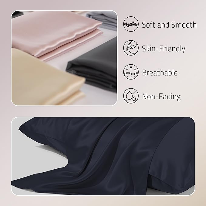 Mulberry Silk Pillow Cases Set of 2, Both Sides Real Silk Pillow Cover for Hair and Skin Cool Pillowcase Organic Silk Pillowcase 2 Pack with Hidden Zipper, Navy Blue, Queen (20"×30")