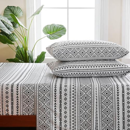 CozySmile King Size Sheet Set 4 Piece,Soft & Breathable Bedding Deep Pocket 16" Cooling Wrinkle Free Comforter Bed Set Western Sheets Geometric(King, Black White Geometric)