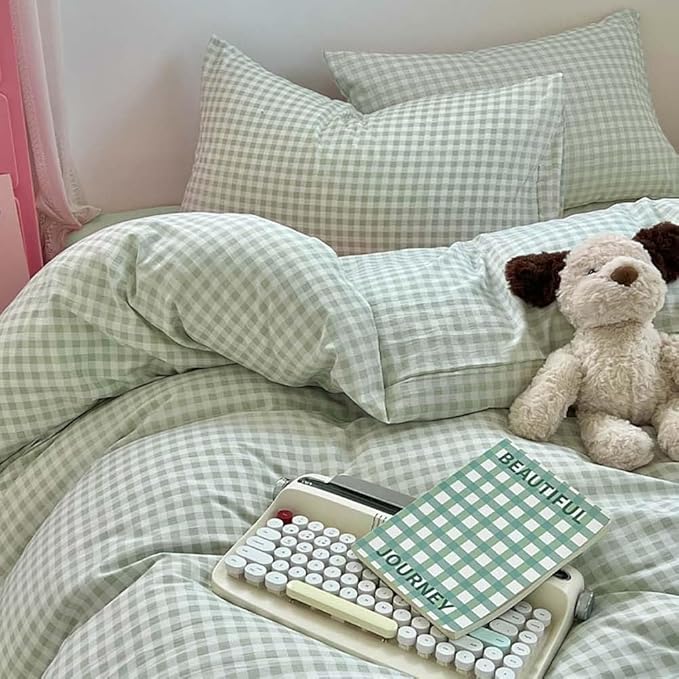 Nayoroom Green Gingham Duvet Cover King Size Plaid Dorm Bedding Set 3 Pieces Grid Checkered Duvet Cover with 2 Pillowcases, Soft Breathable Washed Microfiber