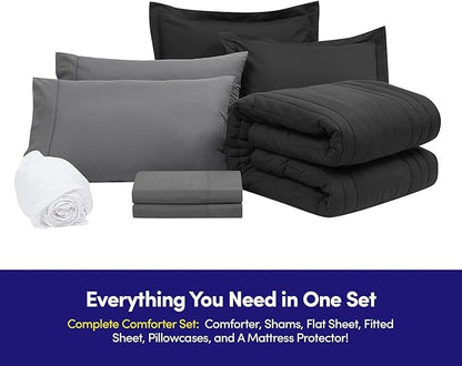 Full Size Comforter Set Quilted Stripe Bedding Bundle – Comforter, Mattress Protector, Sheets with Pockets on the Side & Built-in Corner Strap – Fitted Sheet Media Pocket for Devices, Black/Charcoal