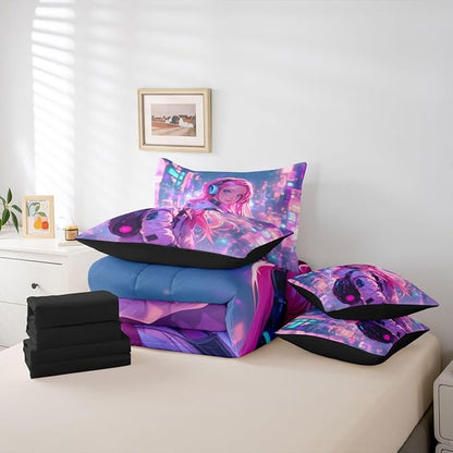 Erosebridal Anime Girl Full Comforter Set 7 Piece Japanese Style 3D Anime Bedding Set for Kids Girls Boys Room Decor,Sci Fi Style Gaming Bed in A Bag Hot Pink Colorful Bed Bed Set