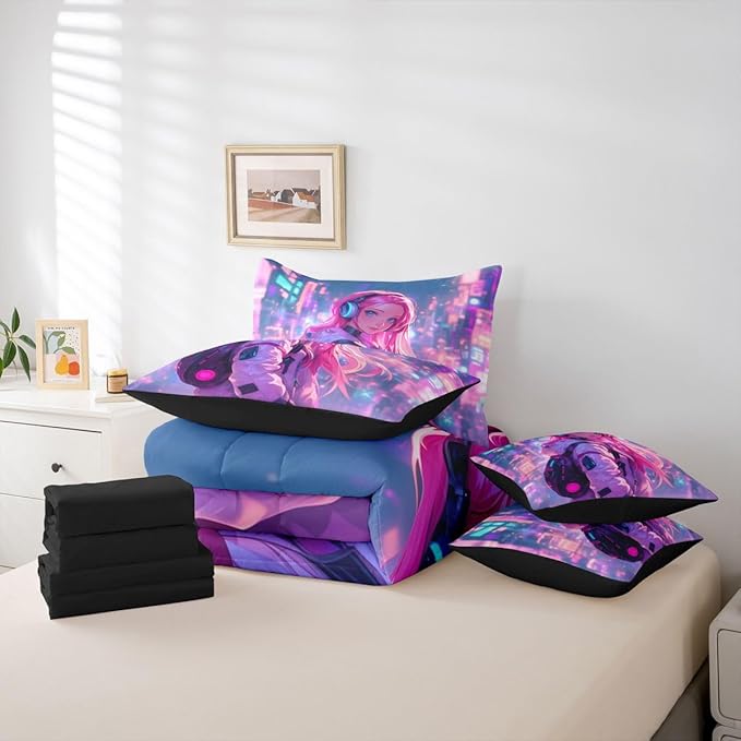 Erosebridal Anime Girl King Comforter Set 7 Piece Japanese Style 3D Anime Bedding Set for Kids Girls Boys Room Decor,Sci Fi Style Gaming Bed in A Bag Hot Pink Colorful Bed Bed Set