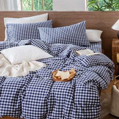 MooMee Gingham Duvet Cover Set 100% Washed Cotton Linen Like