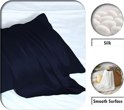Silk Pillow Cases 2 Pack,Soft Breathable and Sliky Standard Size Pillow Cases Set of 2,Natural Mulberry Silk Pillowcase Set of 2 for Hair and Skin with Hidden Zipper (Navy Blue,20"X 26",2pcs)