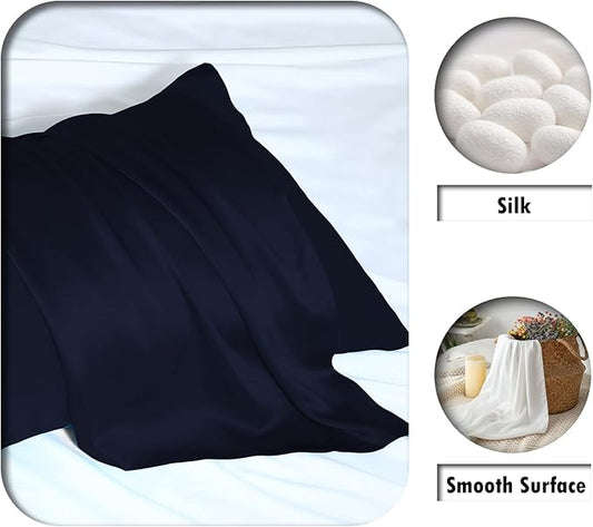 Silk Pillow Cases 2 Pack,Soft Breathable and Sliky Standard Size Pillow Cases Set of 2,Natural Mulberry Silk Pillowcase Set of 2 for Hair and Skin with Hidden Zipper (Navy Blue,20"X 26",2pcs)