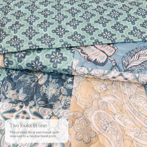 King Quilt Set-3 Pieces Soft Bedding Lightweight Floral Patchwork Coverlet