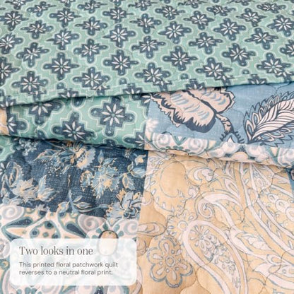 King Quilt Set-3 Pieces Soft Bedding Lightweight Floral Patchwork Coverlet