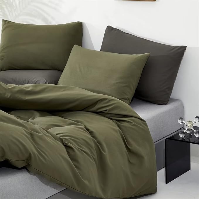 Houseri Army Green Comforter Set Queen Olive Green Bedding Sets Dark Green Comforter Queen Size Teen Boys Solid Green Comforter Queen Men Comfy Soft Dark Color Military Green Dorm Bedding Queen 3 Pcs