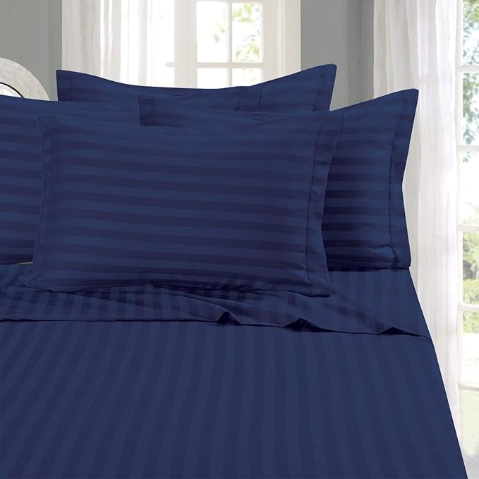 Elegant Comfort Best, Softest, Coziest 6-Piece Sheet Sets! - 1500 Premier Hotel Quality Luxurious Wrinkle Resistant 6-Piece Damask Stripe Bed Sheet Set, California King Navy Blue
