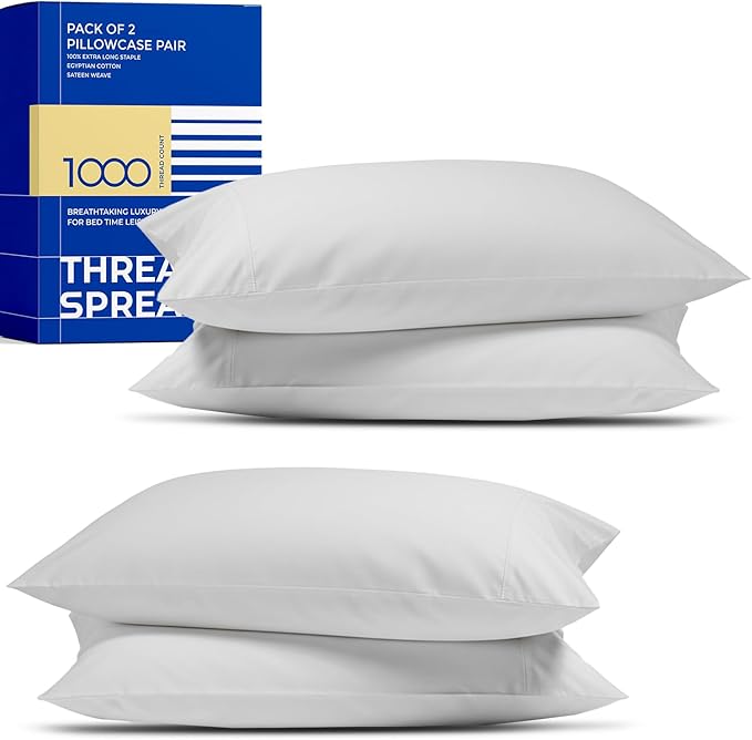 Thread Spread 100% Egyptian Cotton Pillow Cases Queen Size Set of 4 - Luxury 1000 Series Paradise Collection Queen Pillow Cases (Pack of 2, Silver Grey), Soft Cooling Hotel Egyptian Cotton Pillowcases