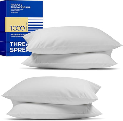 Thread Spread 100% Egyptian Cotton Pillow Cases Queen Size Set of 4 - Luxury 1000 Series Paradise Collection Queen Pillow Cases (Pack of 2, Silver Grey), Soft Cooling Hotel Egyptian Cotton Pillowcases