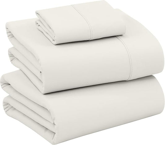 RUVANTI 100% Cotton Sheets – Twin Size Percale Bedding, Cooling & Breathable, Durable with a Crisp, Soft & Comfortable Feel, 16" Deep Pocket, 3-Piece Set, Ivory