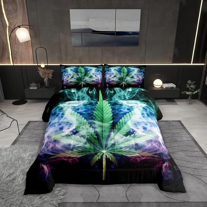 Castle Fairy Marijuana Leaf Bedding Set King Size Misty Cannabis Leaf Comforter Set for Girls Boys Teens Room Decor Wild Weed Plant Down Comforter Gothic Nature Plants Quilt Set with 2 Pillowcases