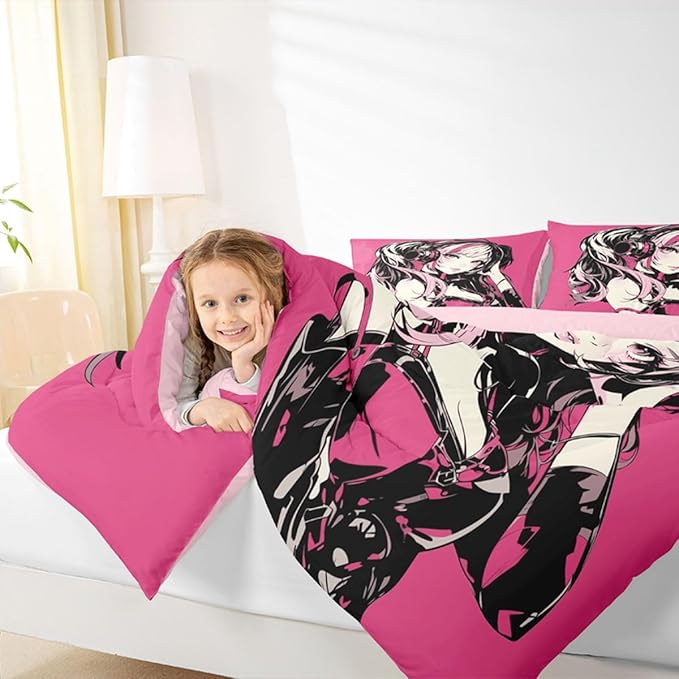 Erosebridal Pink Anime Girls Bedding Cartoon Japanes-Style Comforter Set King, Graffiti Street Culture Bed Comforter Set for Kids Teens Youth Watercolor Hippie Style Duvet Set 3Pcs