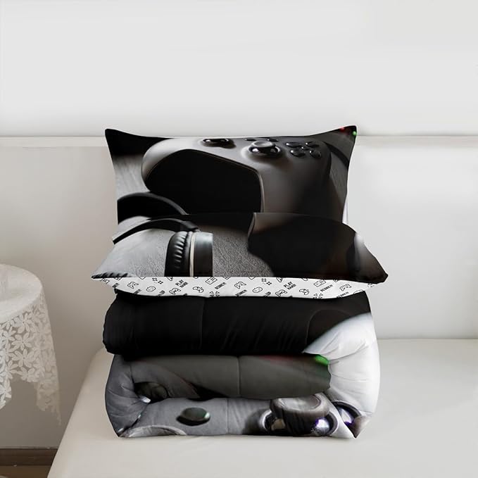 Feelyou Gaming Bedding Set Boys Game Controller Comforter for Kids Girls Teens Modern Gamer Headset Comforter Set Youth Gaming Console Video Game Decor Duvet Set with 2 Pillow Case King Size Black