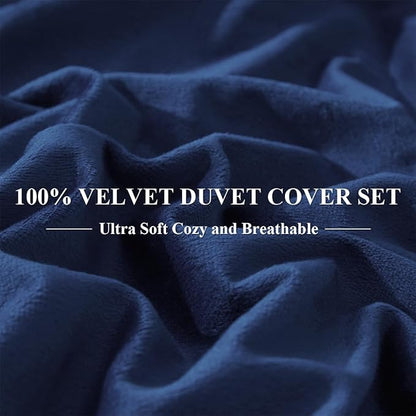 Ivellow Velvet Duvet Cover King Size 3 Pcs Flannel Navy Blue Duvet Cover King Velvet Comforter Cover Bedding Set Ultra Soft Cozy Solid Luxury Velour Duvet Cover Set Zipper Closure Corner Ties