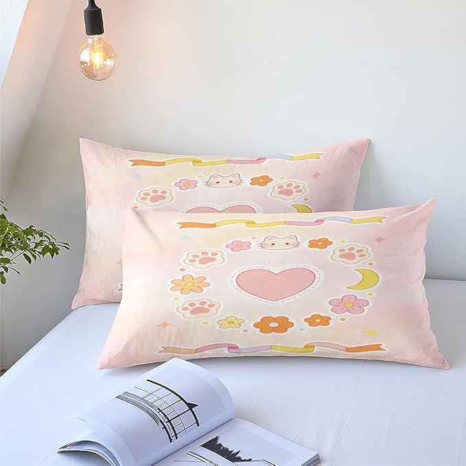 Kids Pink Cute Cat Paw Comforter Set Queen Size, 3Pcs Dorm Cat Animal Bedding Sets for Girls, 100% Washed Microfiber, Includes 1 Heart Comforter 90"x90" and 2 Pillowcases