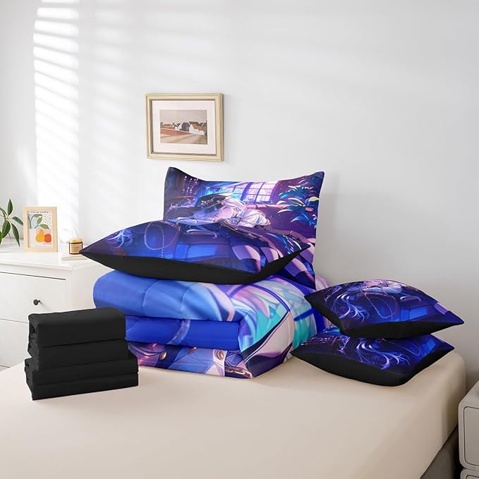 Anime Girl Comforter Set With Sheets Queen Size Japanese Anime 7 Piece Bedding Set For Kids Boys Teens Women Bedroom Decor, Cartoon Girl Bed In A Bag Japanese Animation Kawaii Bed Sets, Purple