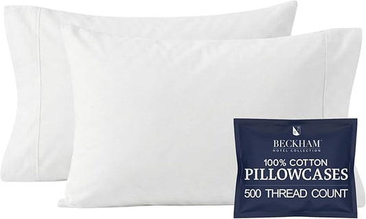 Beckham Hotel Collection Pillowcases King Size Set of 2, Cool Touch Cotton Sateen Fabric, 500TC, Silky Smooth & Soft, Open End, White
