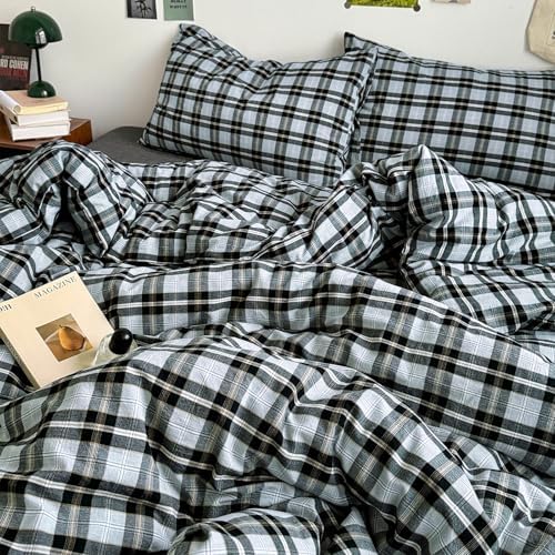 mixinni Vintage Grey & Pale Blue Buffalo Plaid Duvet Cover Set Full Size - 3 Piece Washed Cotton Bedding Set with Grid Pattern, Soft & Breathable Duvet Cover with Pillowcases for Boys, Men& Women