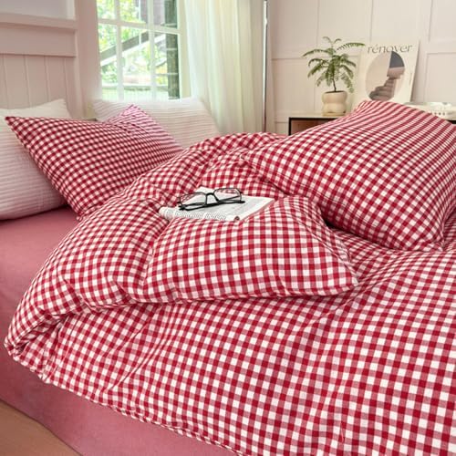 LifeTB Red Gingham Comforter Set Full Modern Style Red Plaid Comforter Set 3 Pieces Soft Fluffy Grid Checkered Pattern Comforter with 2 Pillowcases Vintage Luxury Soft Gingham Bedding Comforter Full