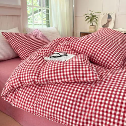 LifeTB Red Gingham Comforter Set Full Modern Style Red Plaid Comforter Set 3 Pieces Soft Fluffy Grid Checkered Pattern Comforter with 2 Pillowcases Vintage Luxury Soft Gingham Bedding Comforter Full