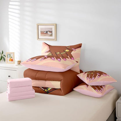 Erosebridal Romantic Makeup Themed Comforter Sets King for Girls Fashion Girlish Sheet Set 7 Piece Black Girls Bedding Set for Kids Teens Adult Women Bedroom Afro Vogue Princess Magical Bed in A Bag