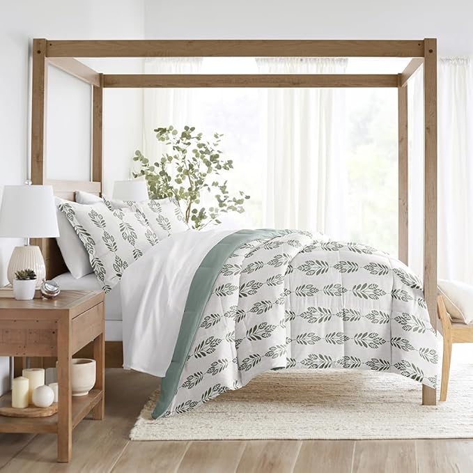LINENS & HUTCH Comforter Set Patterned Microfiber All Season Down-Alternative Ultra Soft Bedding in Folk Leaves - King/Cal-King Folk Leaves Eucalyptus
