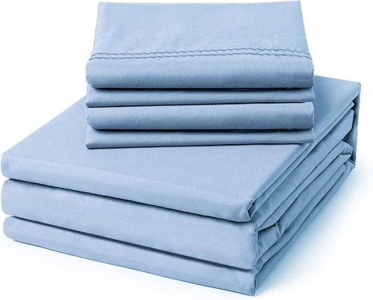 ClevaHome King Size Sheet Set - 6 Piece Soft Breathable Luxury Bed Sheet Set - Shrinkage & Fade Resistant Embroidered Bedding Sheet with Deep Pocket, 2 Extra Pillowcases (King, Chambray Blue)