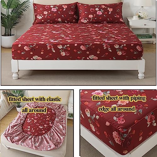 FADFAY Red Rose Sheets Set Full Vintage Rose Floral Bedding Chic Rose Flower Bed Sheets Shabby Farmhouse Bedding 100% Percale Egyptian Cotton 800 Thread Count Deep Pocket Fitted Sheet 4Pcs, Full Size
