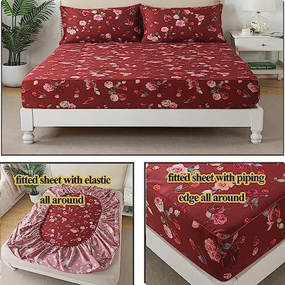 FADFAY Red Rose Sheets Set Full Vintage Rose Floral Bedding Chic Rose Flower Bed Sheets Shabby Farmhouse Bedding 100% Percale Egyptian Cotton 800 Thread Count Deep Pocket Fitted Sheet 4Pcs, Full Size