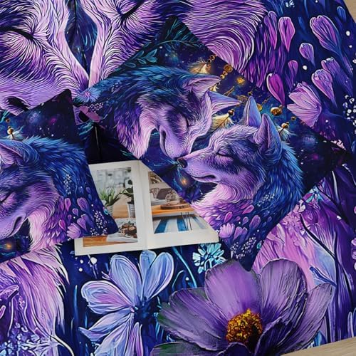 Purple Wolf Bedding Comforter Set Full Size，Dreamcatcher Flower Quilt Bedding Set Full，with 1 Comforter with 2 Pillow Case，Wolf Bedroom Decor for Kids Girls Boy