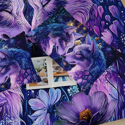 Purple Wolf Bedding Comforter Set Full Size，Dreamcatcher Flower Quilt Bedding Set Full，with 1 Comforter with 2 Pillow Case，Wolf Bedroom Decor for Kids Girls Boy