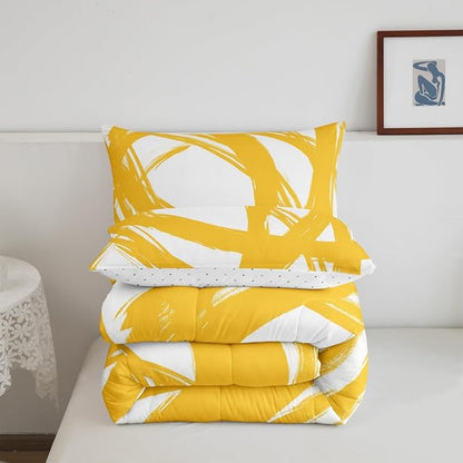 Erosebridal Yellow and White Abstarct Toddler Bedding Set,Aesthetic Geometric Comforter Set for Minimalists,Graffiti Stripes Lines Quilt,Contemporary Boho Modern Art Duvet Insert for Minimalism
