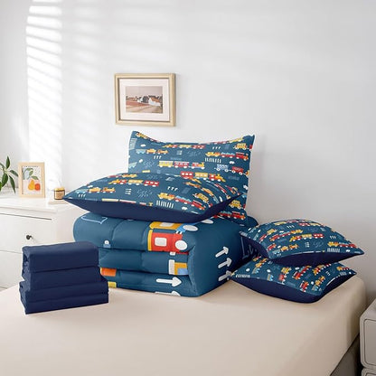 Cartoon Train Boys King Bedding Sets 7 Pieces Hand Drawn Style Graffiti Decor Hippie Comforter Set Red Yellow Cute Trains Bedroom Decor Comforter,Flat Sheet,Fitted Sheet,2 Pillowcases,2 Pillow Covers