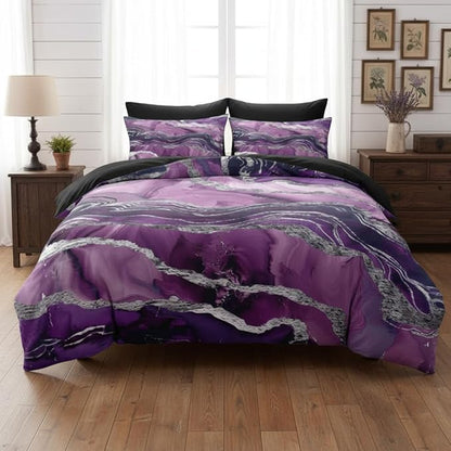 Purple Marble Comforter Set Queen Size, Abstract Black Purple Bedding Set with Silver Lines - 3Pcs Soft Lightweight Quilted Comforter for All Seasons,90"x90" | Aesthetic Pattern, Abstract Design, Soft Lightweight, All Seasons, Girls Women Adult