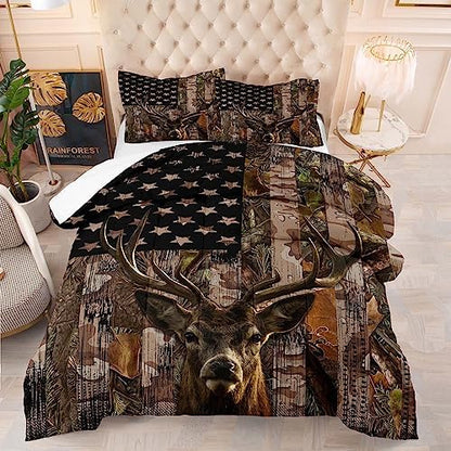 Tailor Shop Deer Comforter Sets Twin Size for Boys Kids Teens,American Flag Camo Bedding Sets Hunting Comforter Sets Woodland Moose Wildlife Forest Bed Set, with 1 Comforter 1 Pillowcase……