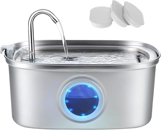 Stainless Steel Cat Water Fountain - 3.2L/108oz Cat Drinking Fountain | Quiet Cat Fountain for Indoor Cats and Small Dogs, Automatic Pet Water Dispenser Keeps Fresh Water, 3 Filters
