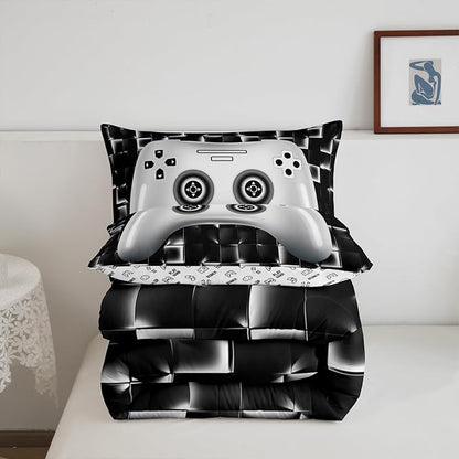 Erosebridal Kids Gaming Bedding Sets for Boys King Black White Gamer Comforter Set Geometric Checkered Game Console Bedding Set for Teen Youth Men 3D Video Game Gamepad Quilt Duvet 3 Piece