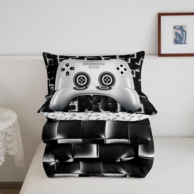 Erosebridal Kids Gaming Bedding Sets for Boys Queen Black White Gamer Comforter Set Geometric Checkered Game Console Bedding Set for Teen Youth Men 3D Video Game Gamepad Quilt Duvet 3 Piece