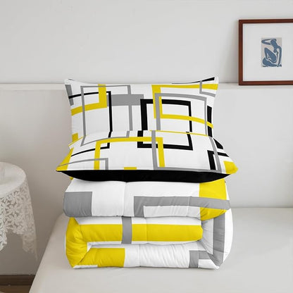 Grey Golden Black White Comforter Set,Colorful Geometric Square Bedding Set for Kids Boys Girls Bedroom Decor,Grid Plaid Stripes Quilted Duvet Twin,Modern Simple Style Graphic Down Comforter