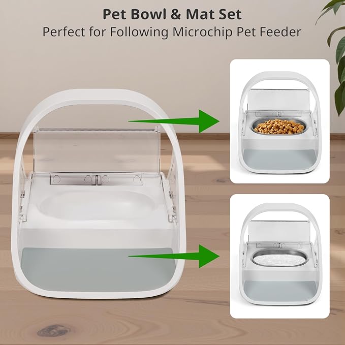 Stainless Steel Bowl Set for Automatic Microchip Cat Feeder, SUS 304 Grade, Sealing Ring to Keep Food Fresh & Reduce Odor, Easy to Clean, Includes 2 Bowls & 1 Mat