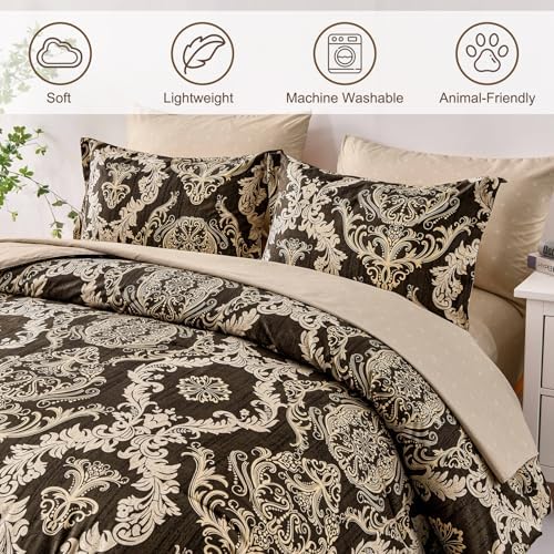 WONGS BEDDING 7 Pieces Comforter Set King Size,Damask Texture Design Bed in a Bag Bedding Sets,Brown Soft Lightweight Microfiber Bedding Set for All Season