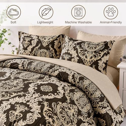 WONGS BEDDING 7 Pieces Comforter Set King Size,Damask Texture Design Bed in a Bag Bedding Sets,Brown Soft Lightweight Microfiber Bedding Set for All Season