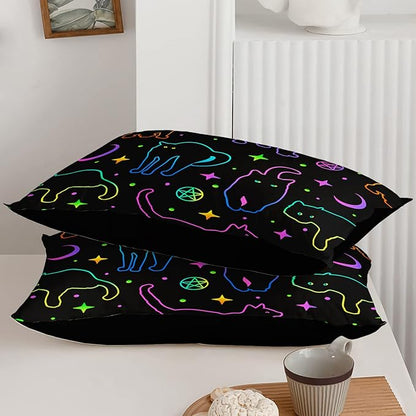 Black Cat Bedding Cartoon Cat Comforter Set Twin,Moon Stars Printed Kids Bedding Set for Boys Girls Adults Room Decor,Kids Comforter Set All Season,1 Quilt 2 Pillow Cases,Neon Color Blue Green