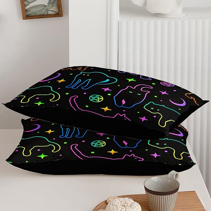 Black Cat Bedding Cartoon Cat Comforter Set Full,Moon Stars Printed Kids Bedding Set for Boys Girls Adults Room Decor,Kids Comforter Set All Season,1 Quilt 2 Pillow Cases,Neon Color Blue Green