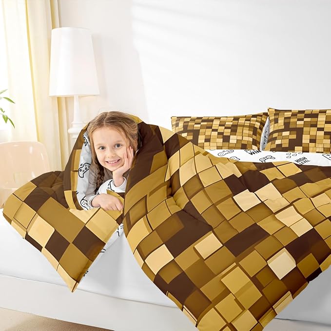 Pixelated Miners GameComforter Set King Size,Geometric Check Video Games Kids Bedding Set,Gamepad Grid Modern Quilt Comforter,Dark Yellow Duvet Insert,2 Pillowcases