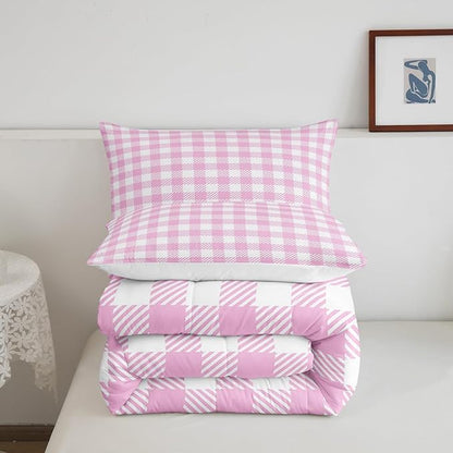Manfei Pink Plaid Comforter Set Buffalo Check Plaid Bedding Set Classic Gingham Pattern Bedding Home Decor Pink White Scottish Comforter King Size Quilted Duvet Set 1 Comforter with 2 Pillowcase