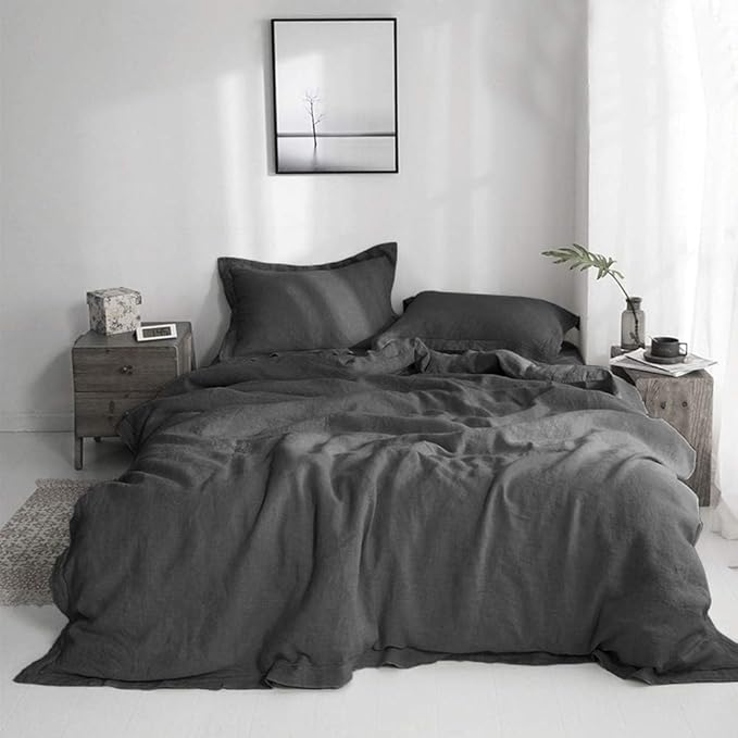 Simple&Opulence 100% Linen Duvet Cover Set with Embroidery Border Washed - 3 Pieces (1 Duvet Cover with 2 Pillow Shams) with Button Closure Soft Breathable Farmhouse - Dark Grey, Queen Size