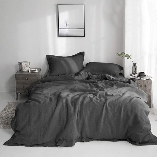 Simple&Opulence 100% Linen Duvet Cover Set with Embroidery Border Washed - 3 Pieces (1 Duvet Cover with 2 Pillow Shams) with Button Closure Soft Breathable Farmhouse - Dark Grey, Queen Size